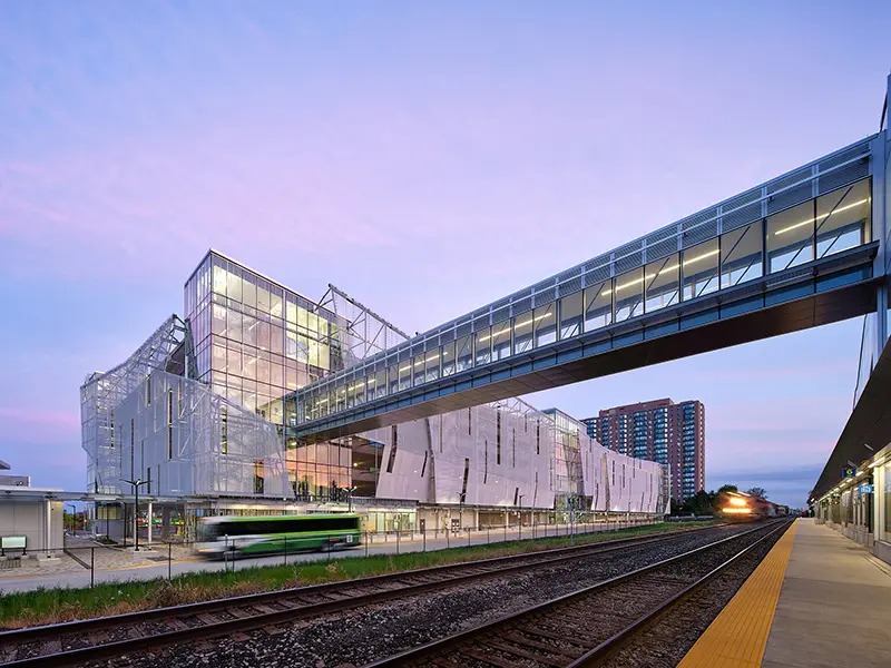Exterior photo of Cooksville Go Station track and transit hub.