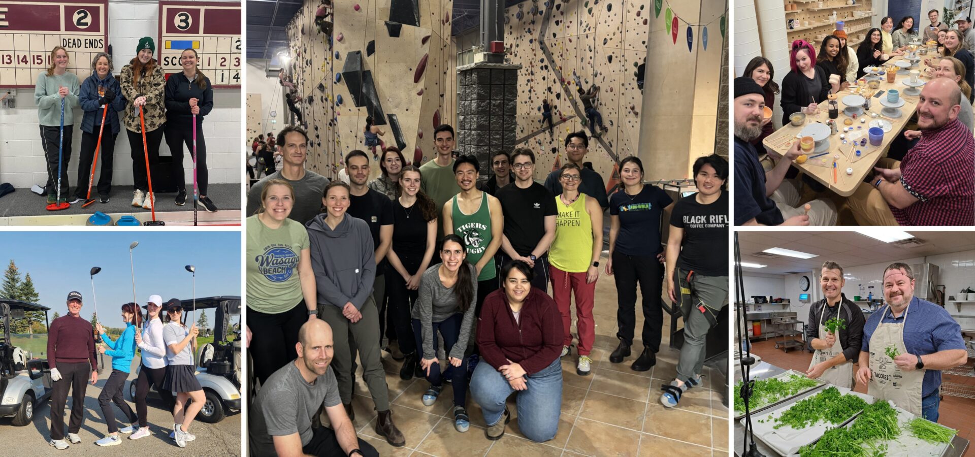 Collage of team building and/or volunteering experiences. Includes curling, annual golf day, rock climbing, painting, and volunteering at Meals on Wheels.