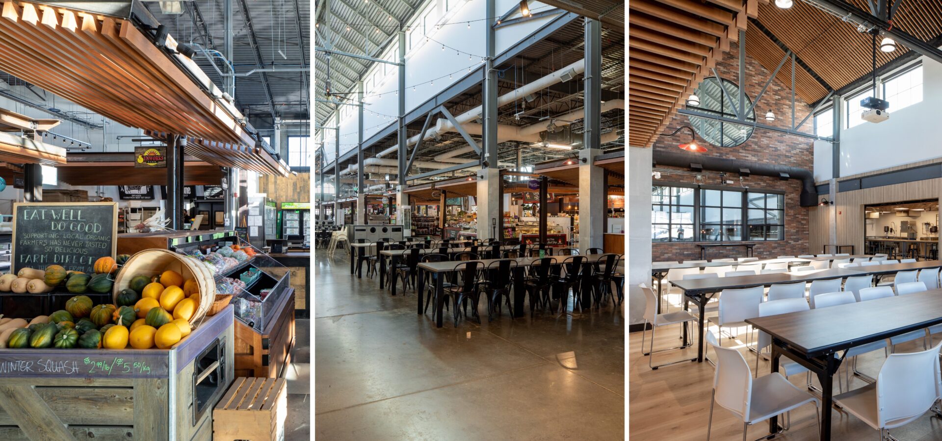 3 photos side by side of the market. Farthest has wooden slat roofs and features fruit and fresh vegetables int he fore ground. Centre photo shows industrial style ceilings and market lights with ample seating. Farthest right photo showcases the event space with seating available and high ceilings with ample light.