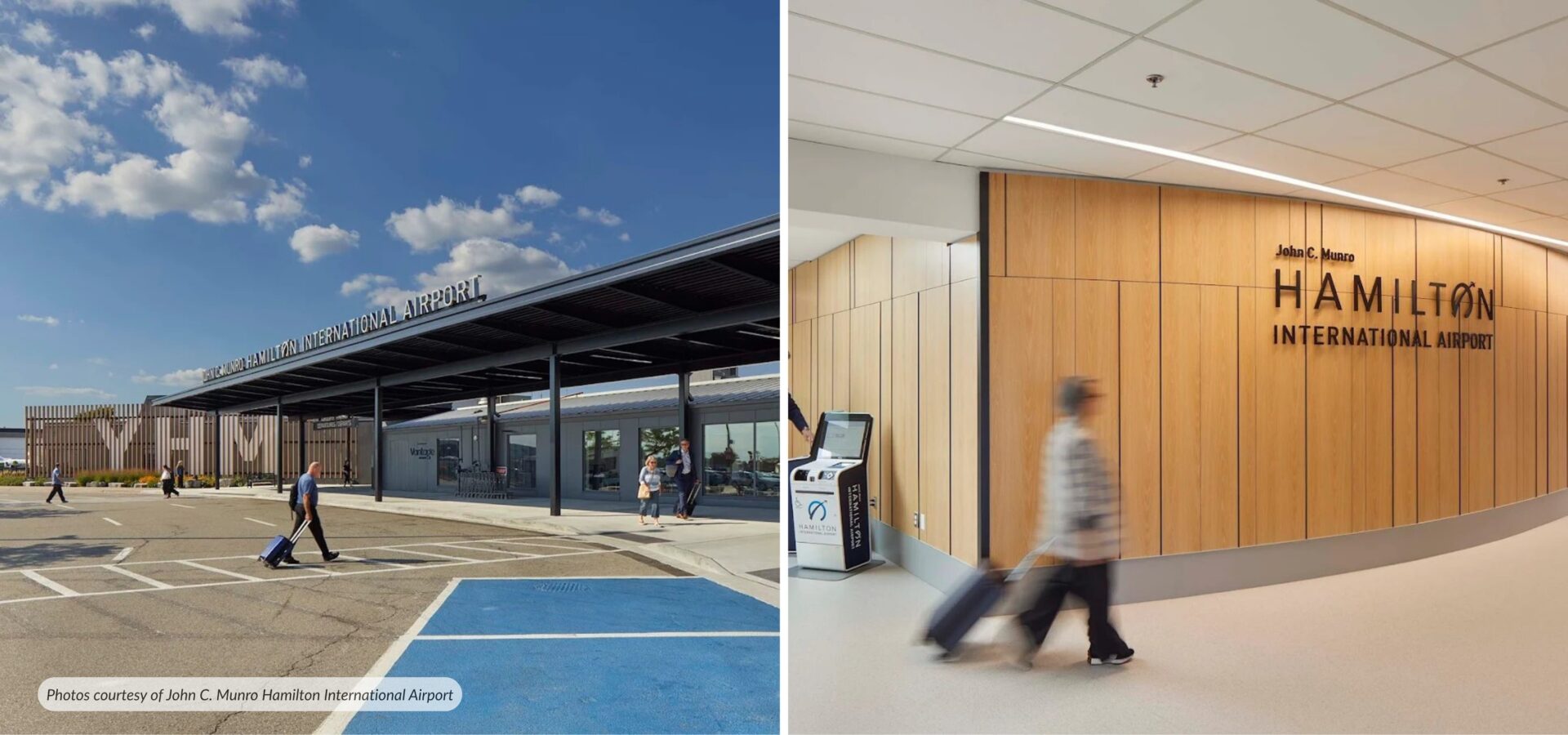 Two photos side by side of the Hamilton international Airport. Photo on the left is from the outside - showing a blue sky and people walking in. Photo on the right is from the inside with people walking with luggages.
