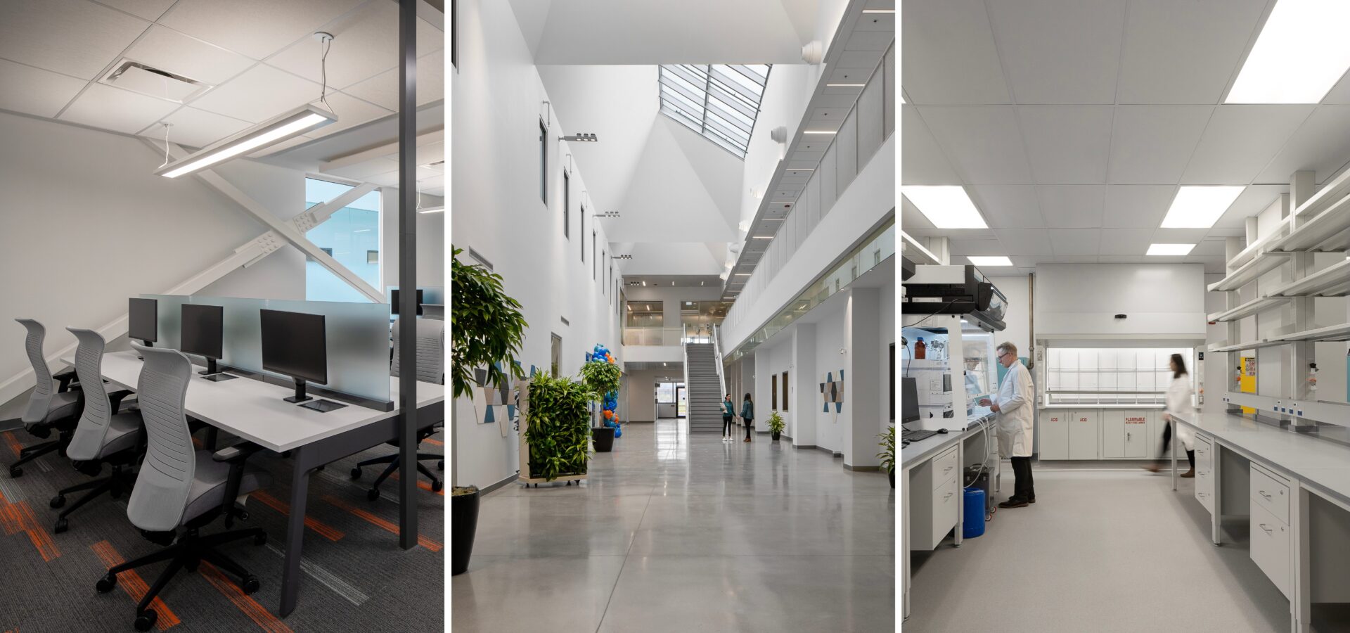 3 photos side by side of the centre. Farthest left photo features a computer lab or workspace with "X" industrial beam in the background. The centre is of the main atrium with pops of greenery and ample lighting. Farthest right photo is of the laboratory with shelving, lab bench space and ample lighting.